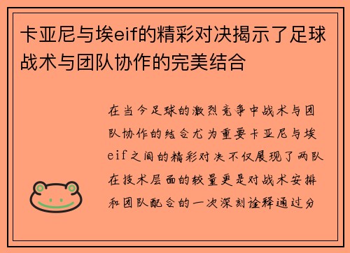 卡亚尼与埃eif的精彩对决揭示了足球战术与团队协作的完美结合